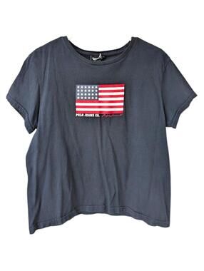 Vintage 90s Polo Jeans Co Ralph Lauren Shirt Womens L USA Flag Navy Tee 20.5x23